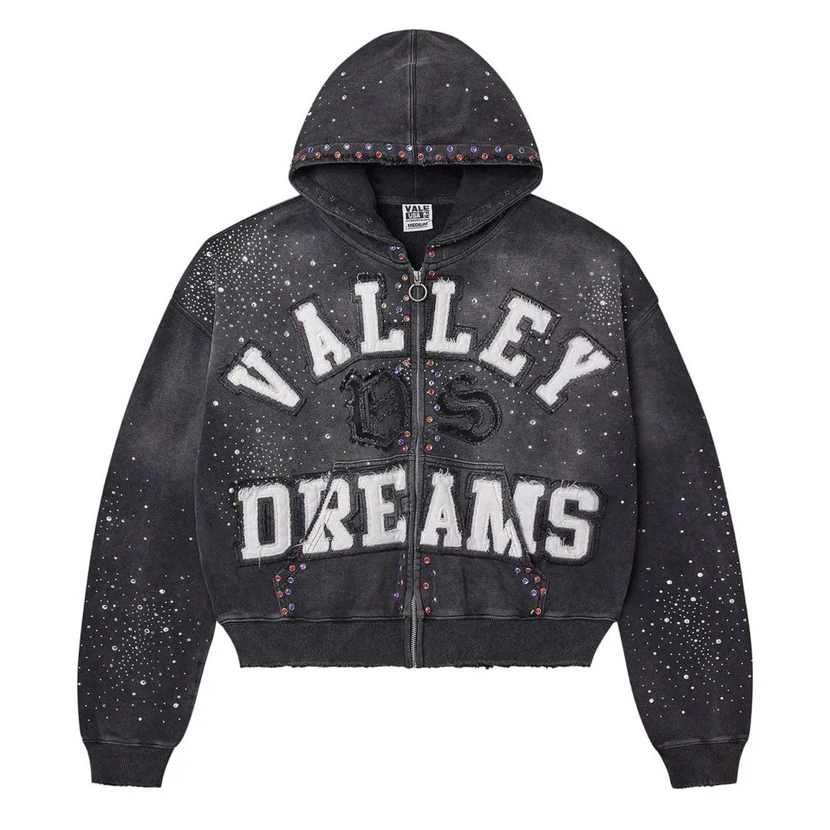 Vale Forever Classico Bling black zip-up hoodie. Distressed "VALLEY OF DREAMS" text, scattered clear rhinestones & colorful studs.