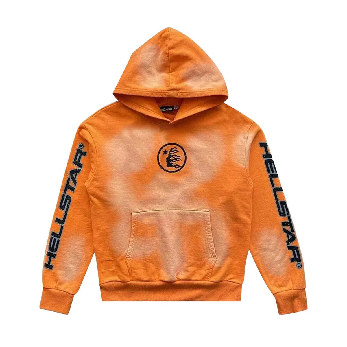 Hellstar Studios Fire Hoodie, orange bleach-dyed with black "HELLSTAR" on sleeves & fiery face logo on chest. Kangaroo pocket.