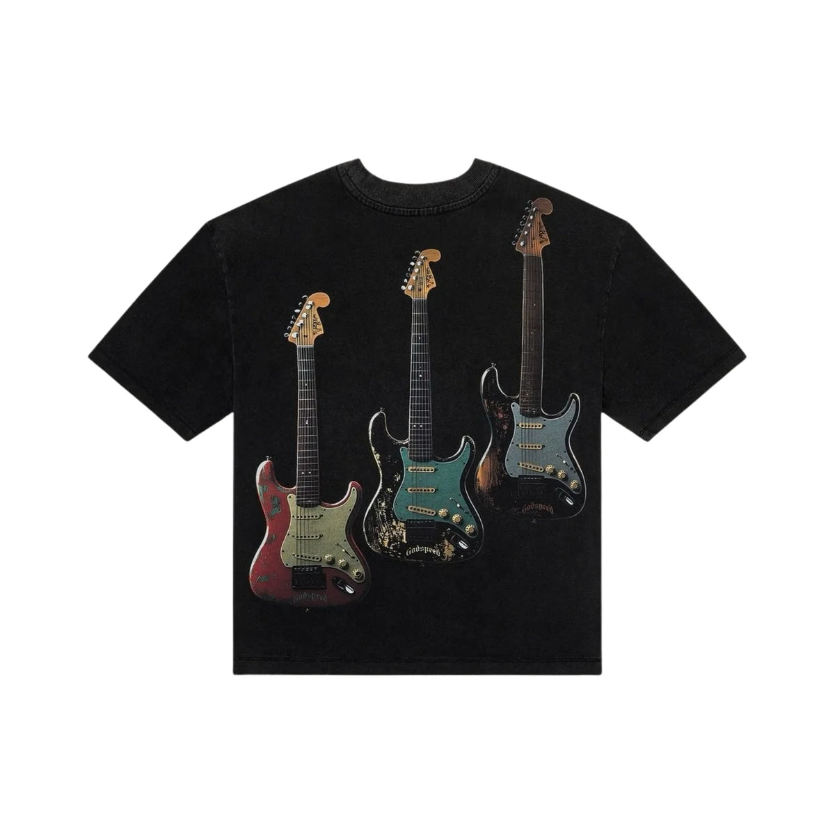 Black Godspeed T-shirt featuring three vintage-style electric guitars: red, distressed teal, and distressed blue, all with "Godspeed" text.