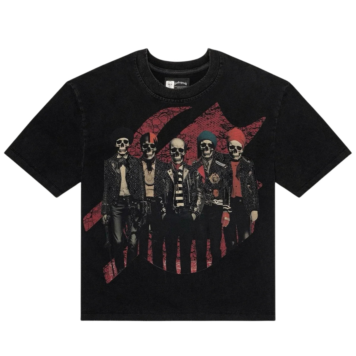 Godspeed black tee featuring five skeleton band members in studded rock outfits and colorful hair/hats over a distressed red symbol.