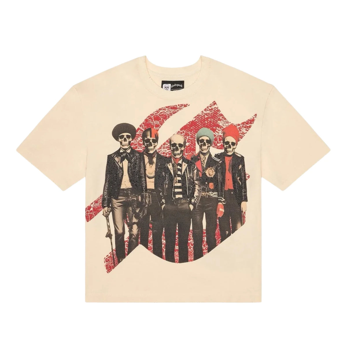 Godspeed Guitar Hero Studded Bone tee. Features 5 detailed skeleton figures with studded clothing on a red snakeskin pattern.