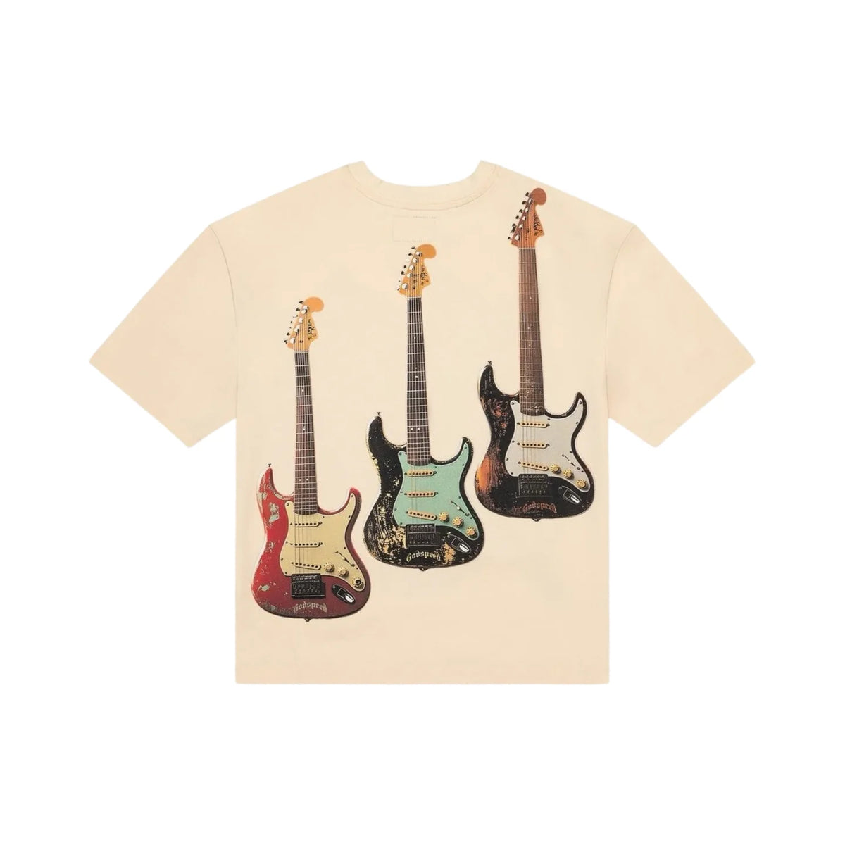 Bone Godspeed t-shirt with a graphic of three distressed electric guitars: red, mint, and black. 'Godspeed' on pickguards.
