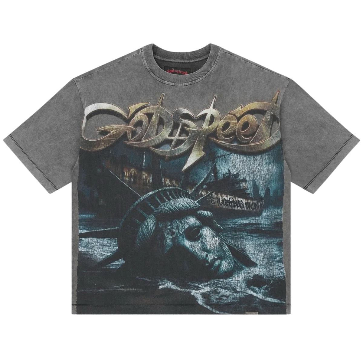 Godspeed Liberty Ruins Tee: Grey distressed shirt with a large graphic of the Statue of Liberty's head submerged in dark water, & gold Godspeed logo.