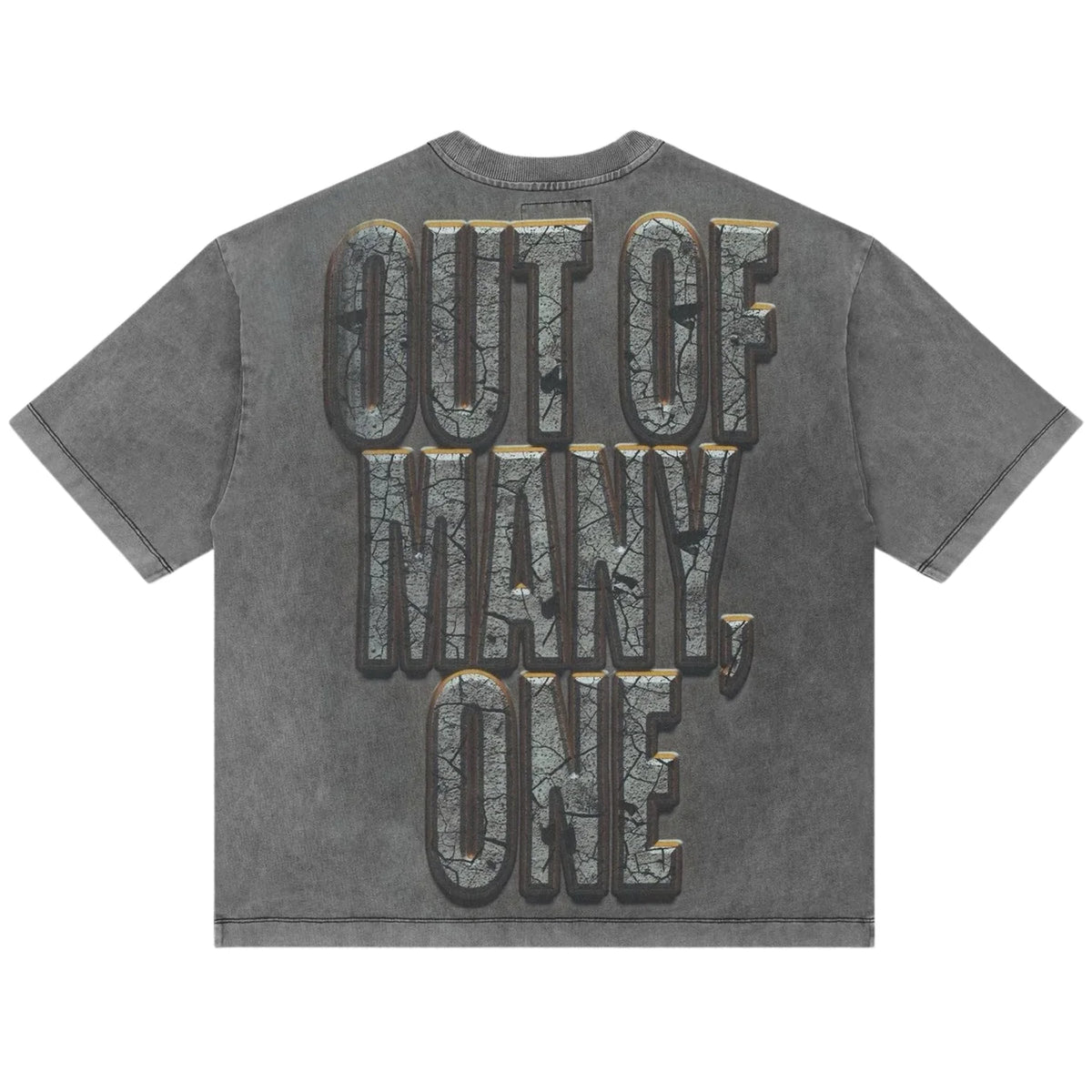 Godspeed Liberty Ruins grey tee with large, distressed 'OUT OF MANY, ONE' text featuring cracked stone texture.
