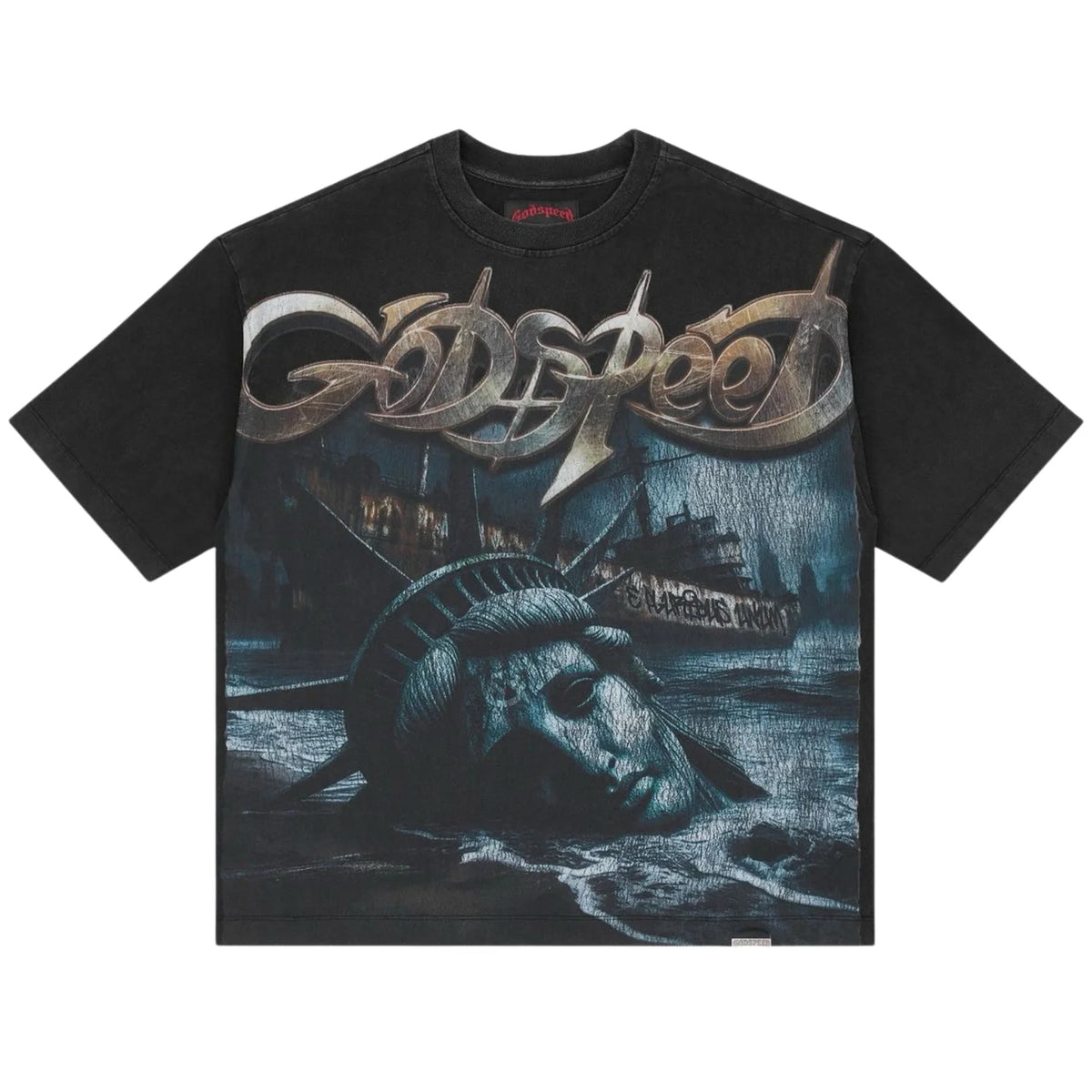 Washed black Godspeed tee with a graphic of 'Godspeed' text above the Statue of Liberty's head partially submerged in water.