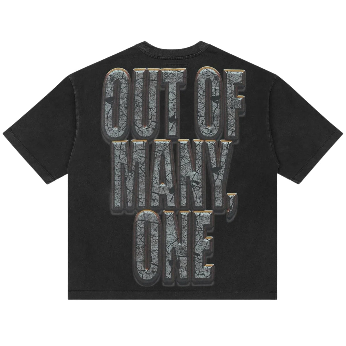 Black Godspeed Liberty Ruins tee with cracked, 3D 'OUT OF MANY, ONE' text on the back.