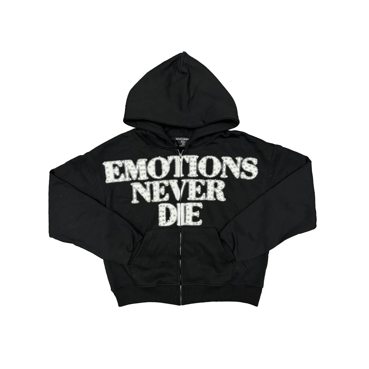 Black MIXED EMOTION zip-up hoodie with "EMOTIONS NEVER DIE" spelled out in white rhinestones across the chest.