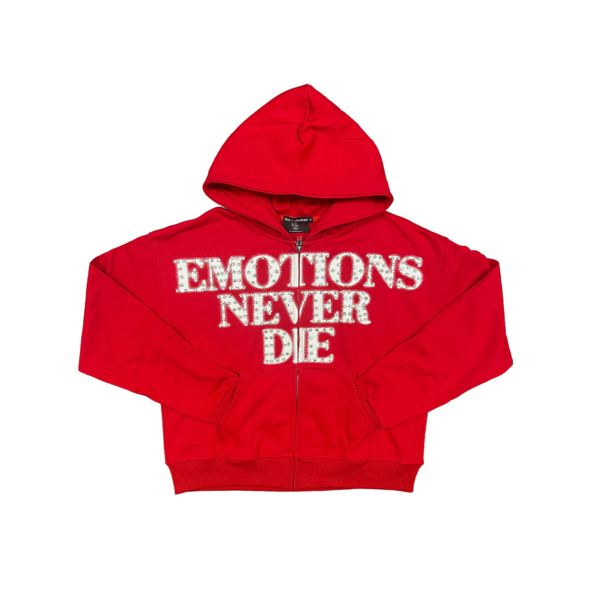 Red MIXED EMOTION zip-up hoodie with "EMOTIONS NEVER DIE" written in white rhinestones on the front.