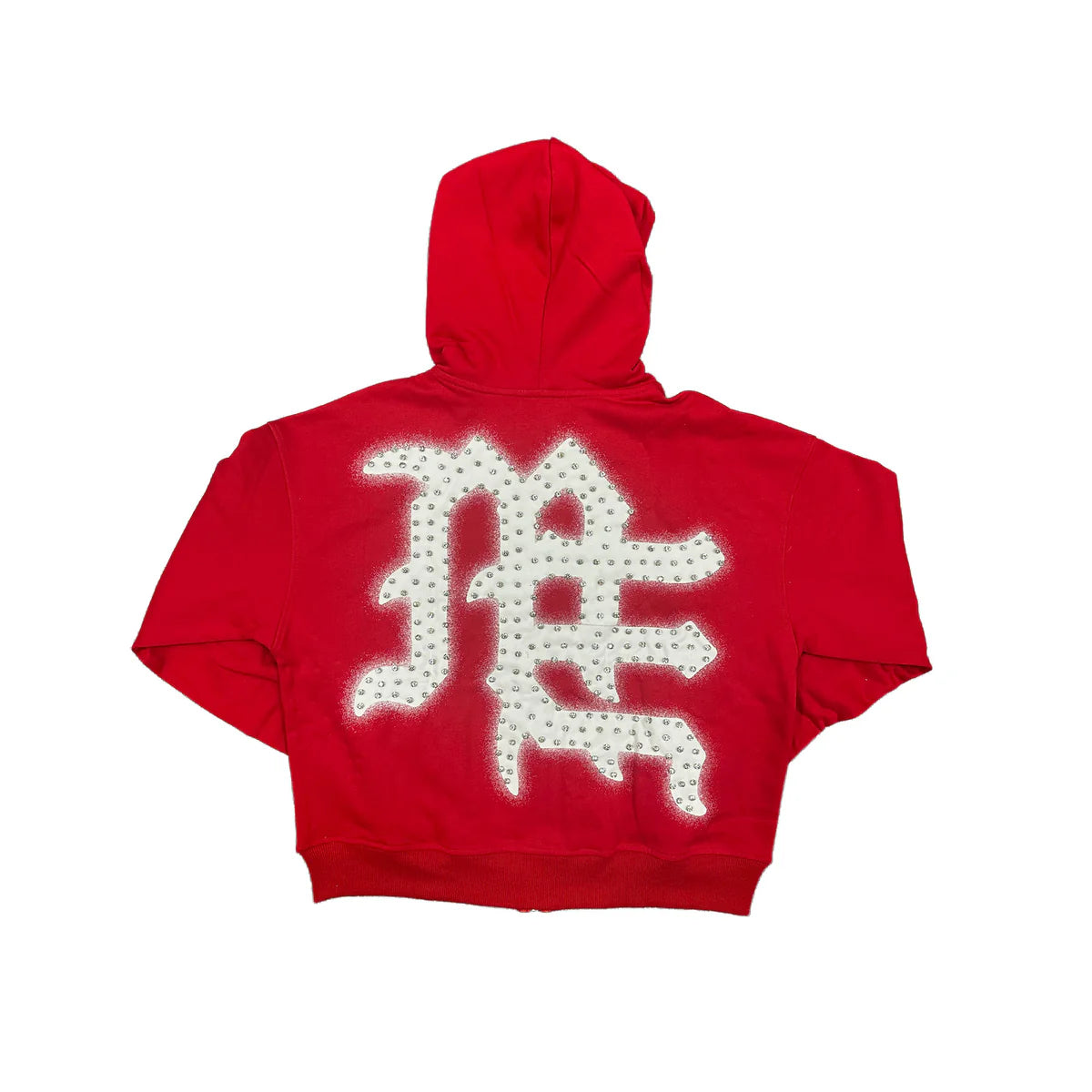 Red MIXED EMOTION zip-up hoodie with a large white rhinestone "END" graphic on the back.