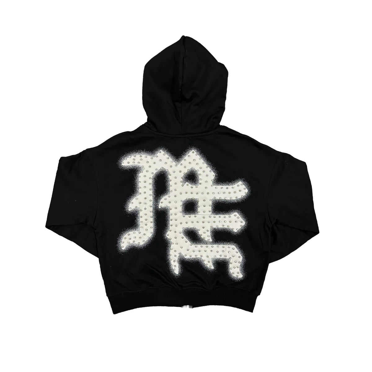 Black rhinestone zip-up hoodie. Features a large, stylized 'ME' logo filled with rhinestones and a white spray-paint border.