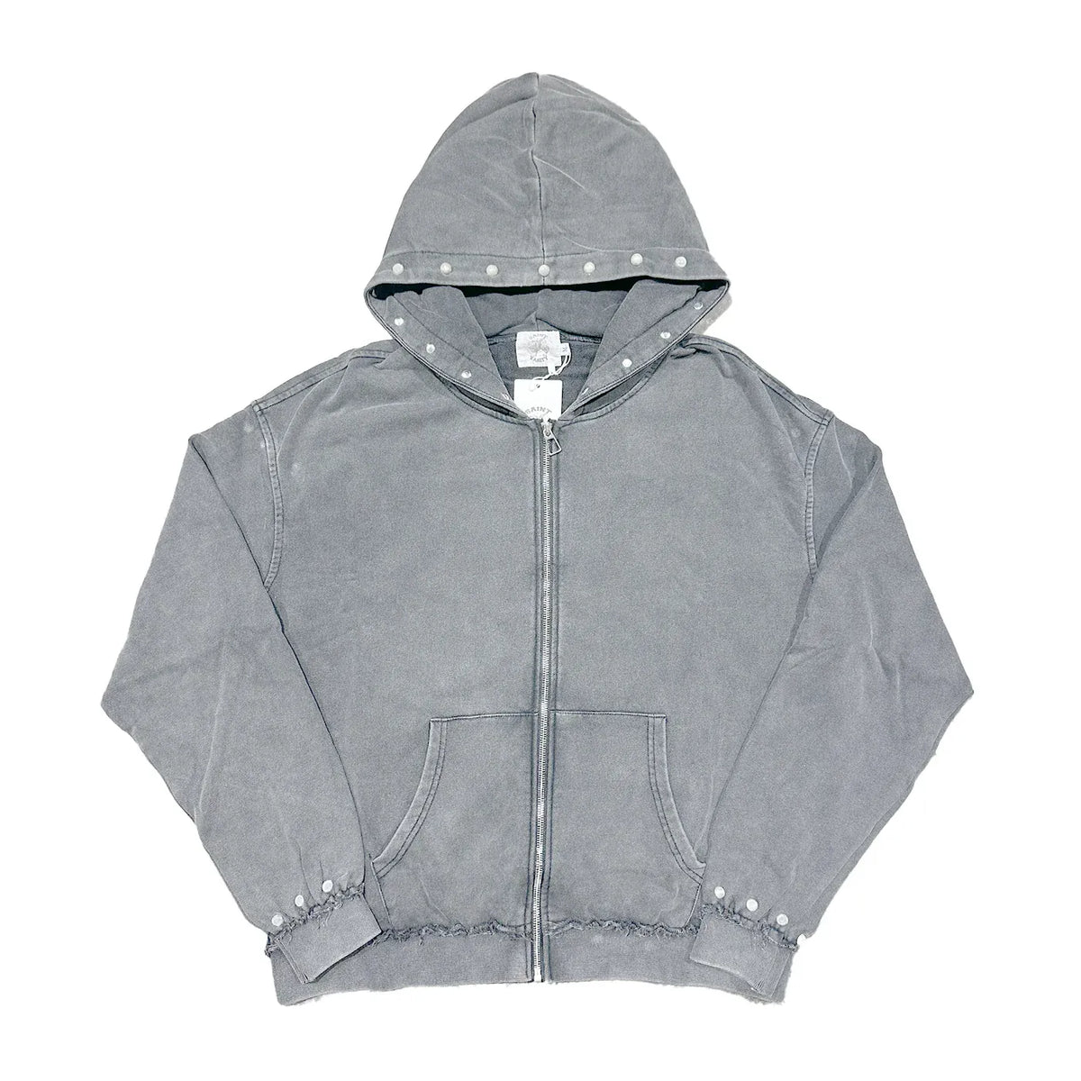 Grey Saint Vanity French Terry studded jacket with hood, full zipper, kangaroo pocket, and studs on hood edge & cuffs.