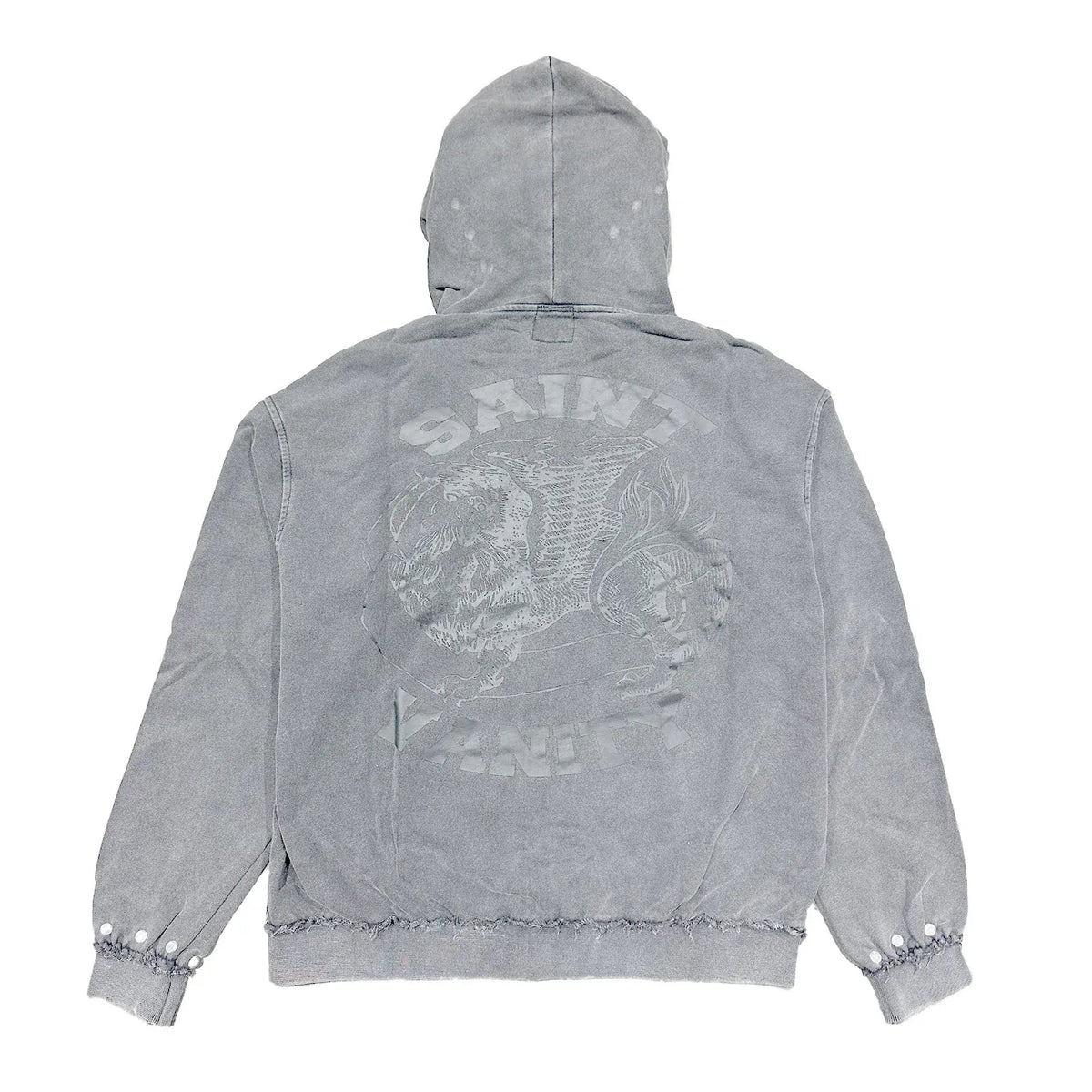 Saint Vanity grey distressed French Terry studded hoodie. Back shows tone-on-tone beast graphic & text. White studs on cuffs, raw hem.