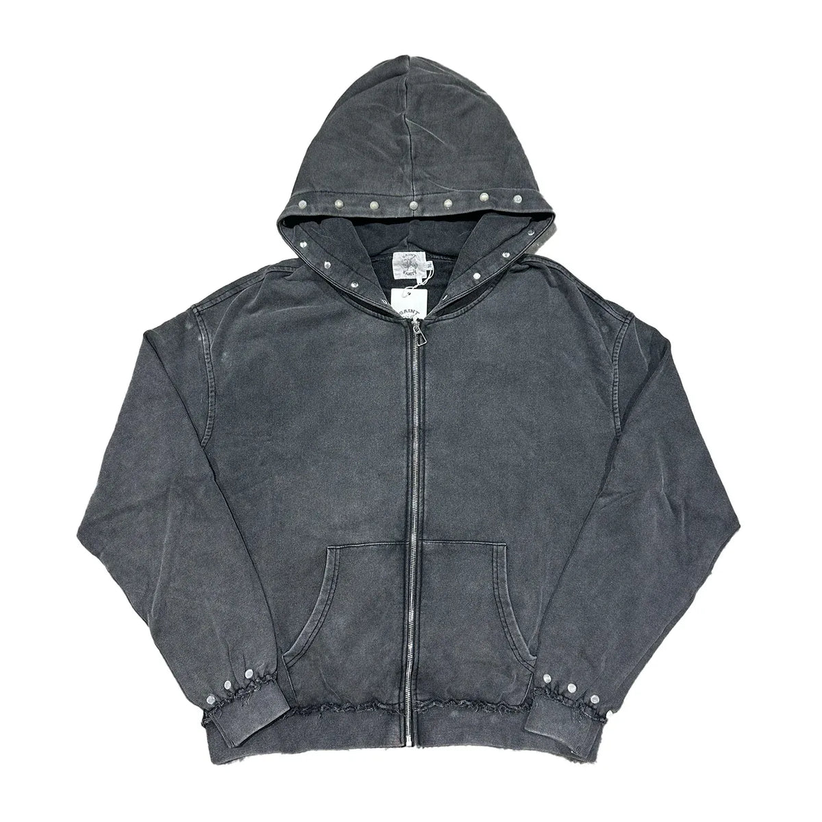 Saint Vanity black French terry studded full-zip jacket with a washed finish, silver studs on hood & cuffs, distressed hem.