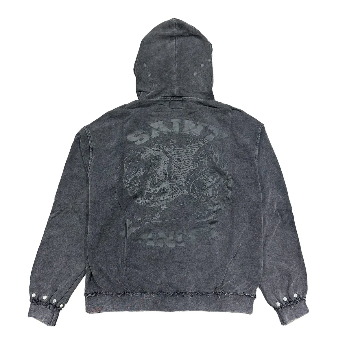 Saint Vanity black French Terry hooded jacket with washed finish. Subtle embossed logo & creature graphic on back, studded cuffs, raw hem.