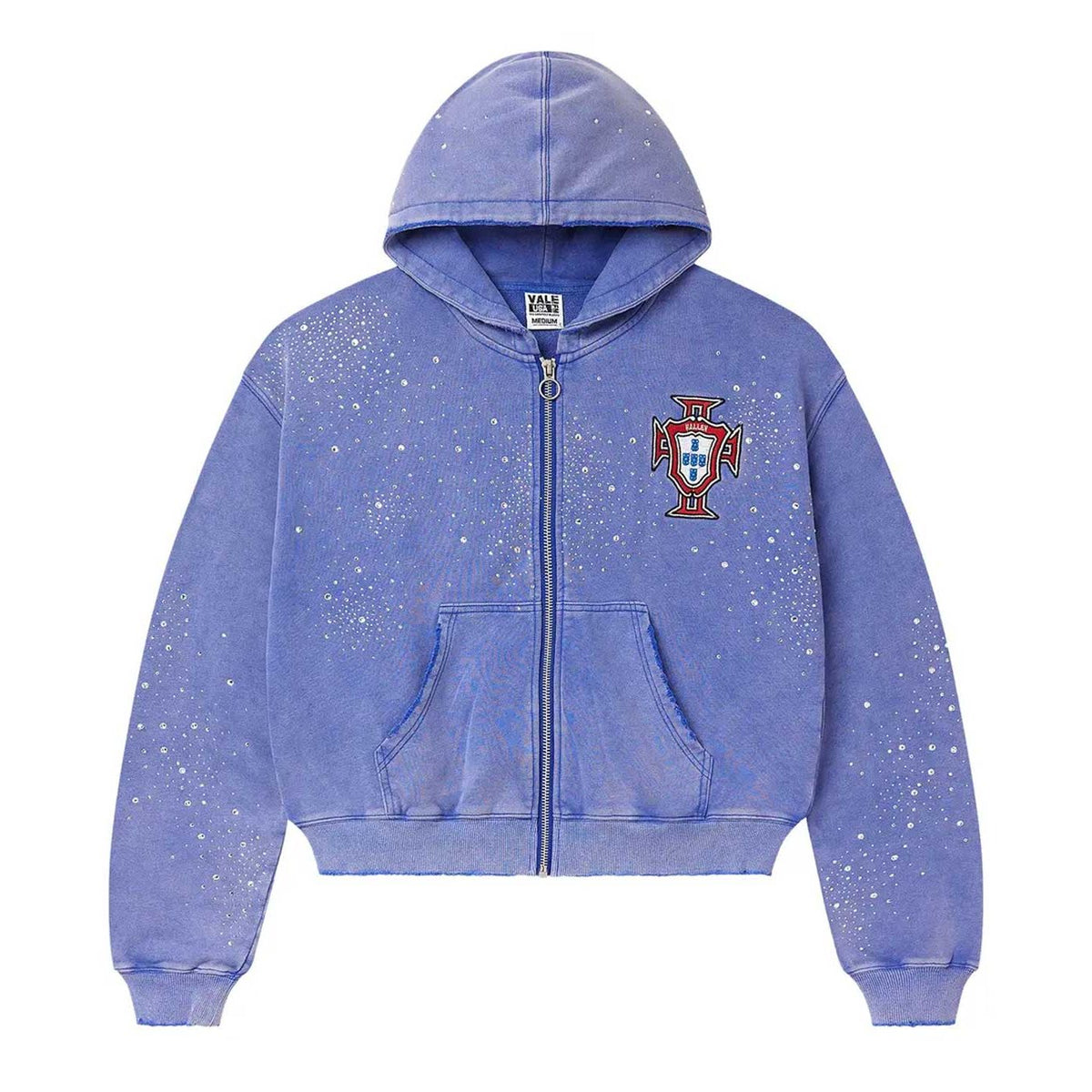 Vale Forever blue cropped zip-up hoodie with scattered rhinestones & a Portuguese crest on the right chest.