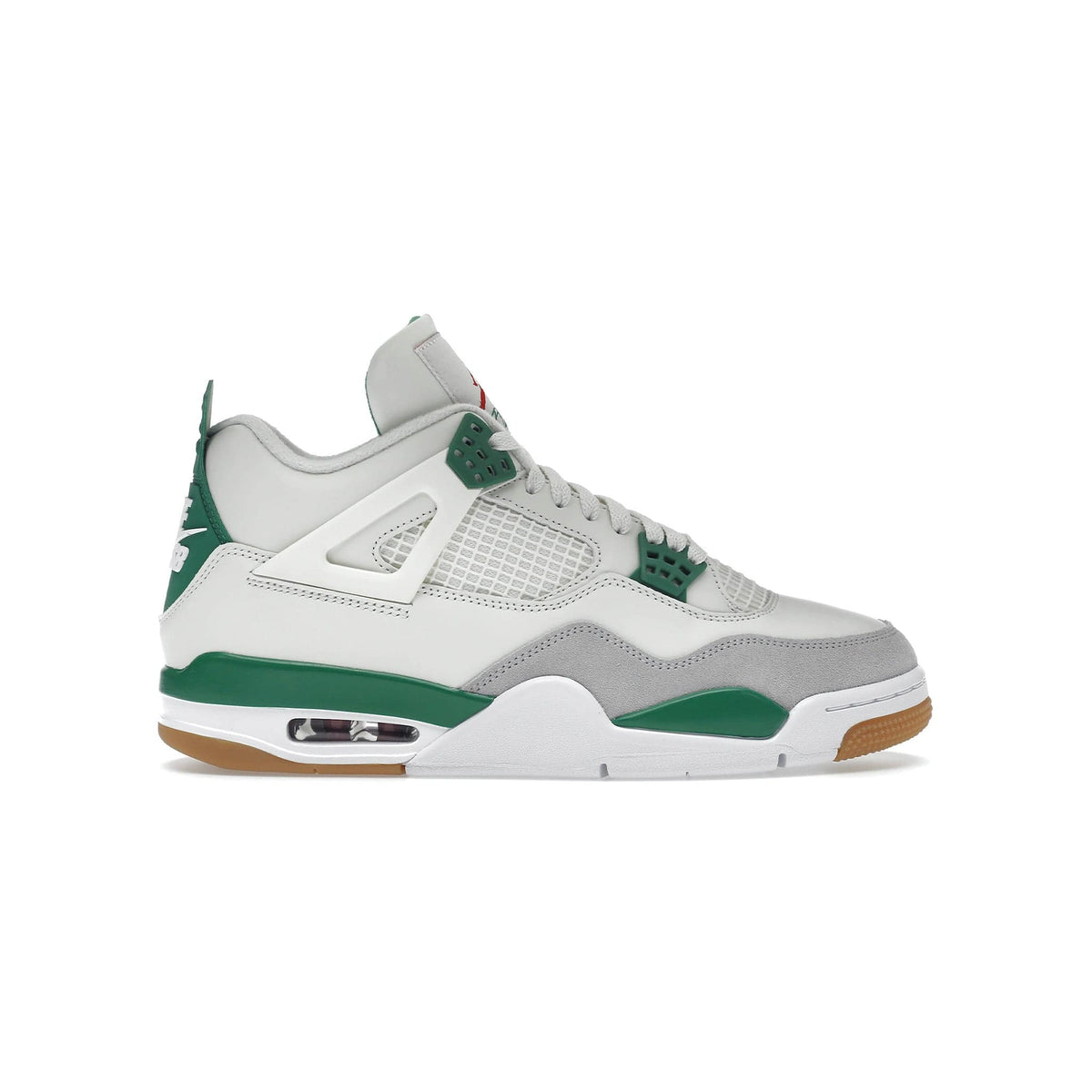 Air Jordan 4 Retro SB "Pine Green" sneaker. White leather upper, green accents, grey toe, mesh midfoot, red Jumpman, SB heel, gum sole.