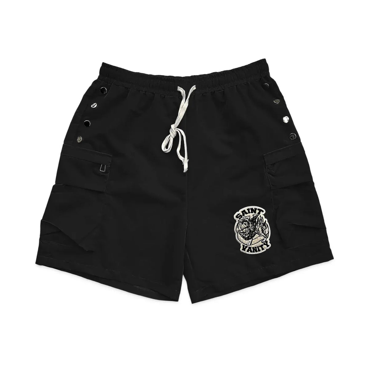 Black Saint Vanity nylon cargo shorts with elastic drawstring waist, side metal buttons, cargo pockets, and brand logo patch.