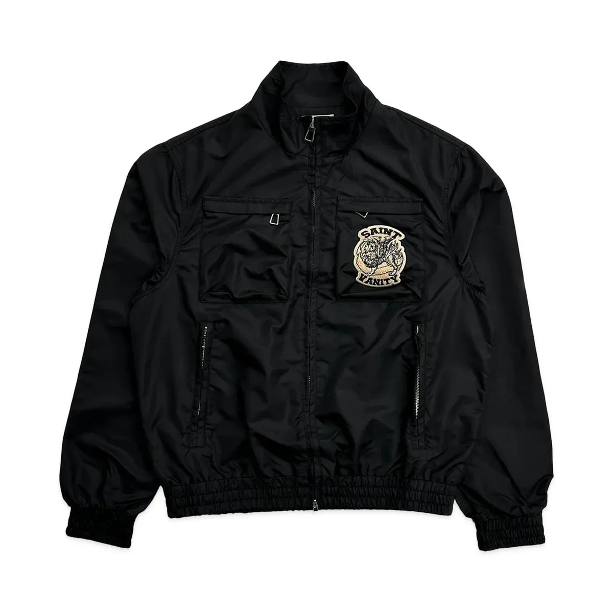 Black Saint Vanity nylon jacket. Full zip, stand collar, cargo flap chest pockets, side zip pockets, embroidered logo on right chest.