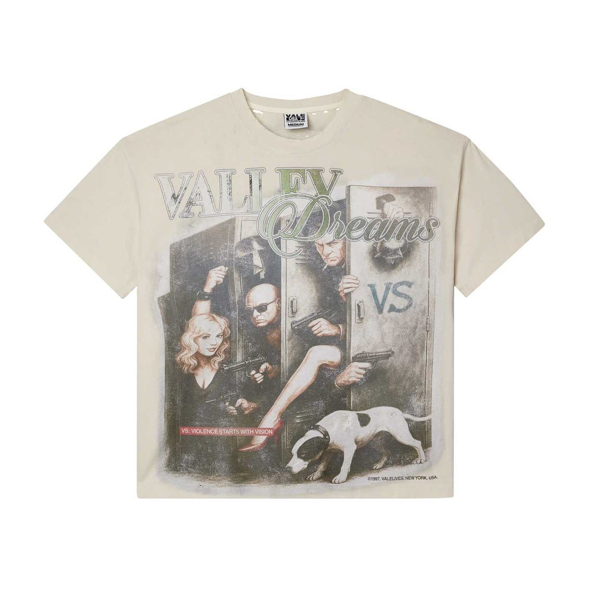 Cream Vale t-shirt with a vintage graphic of armed people, a woman's leg in a red heel, a dog, and "VALLEY DREAMS" text.