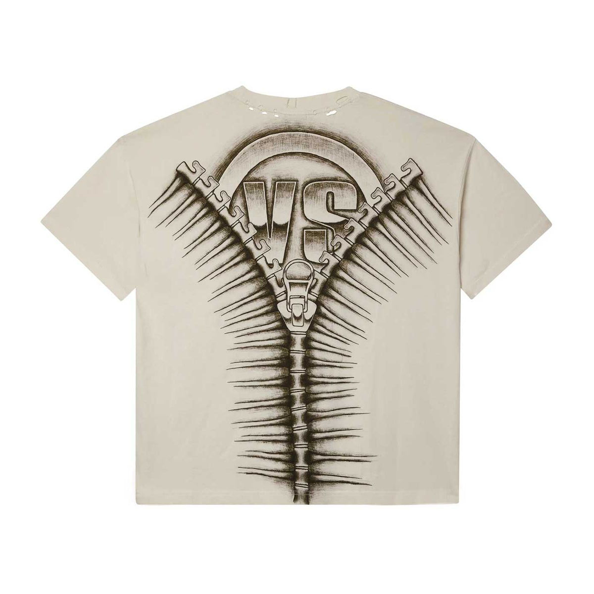 Cream Locker Room Tee with distressed collar. Back features a large black graphic of an unzipped zipper revealing "VS".