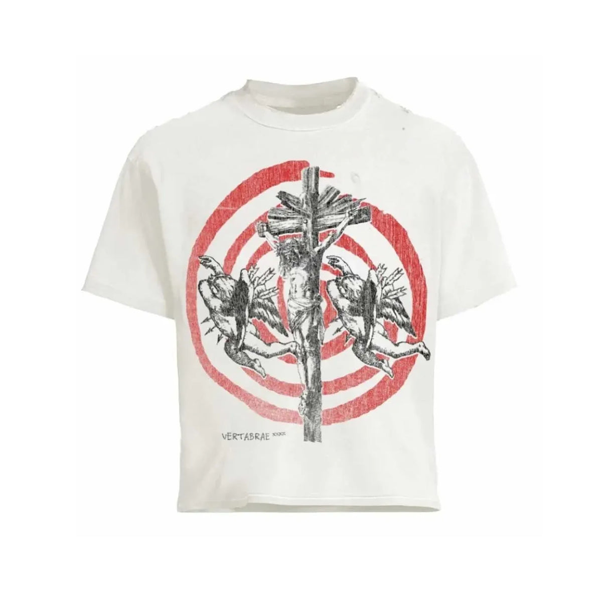 Distressed cream Vertabrae Skelos Tee with black crucifixion graphic, two winged figures, and red grunge circles.