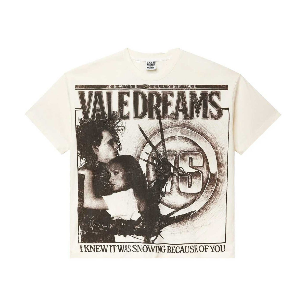 Cream Vale Forever Scissorhands tee with a sepia Edward & Kim graphic, "VALE DREAMS" text, and "ES" logo.