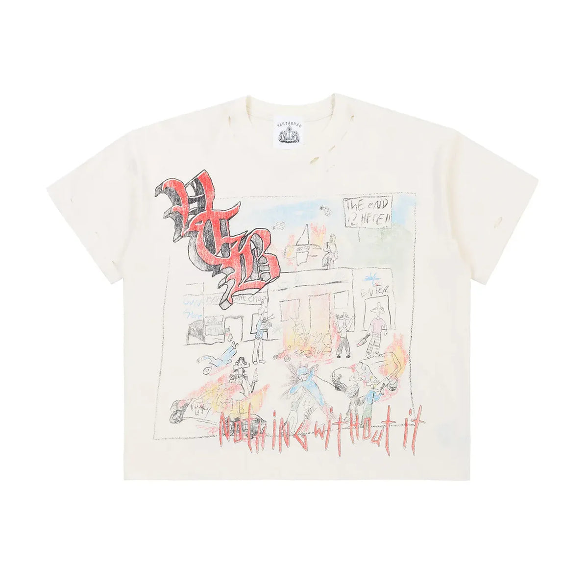 Vertabrae Riot Tee in distressed off-white. Features a colorful, cartoon riot graphic with 'Riot' and 'Nothing without it' text.