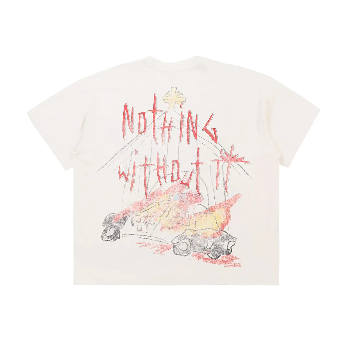 White Vertabrae Riot Tee with a distressed red "NOTHING WITHOUT IT" print, yellow cross, and black car in red flames.