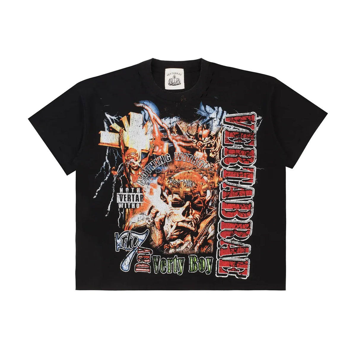 Black Vertabrae 7Rap Tee. Distressed graphic features a crowned skull-like face, figures, & red "VERTEBRAE" text on the side.