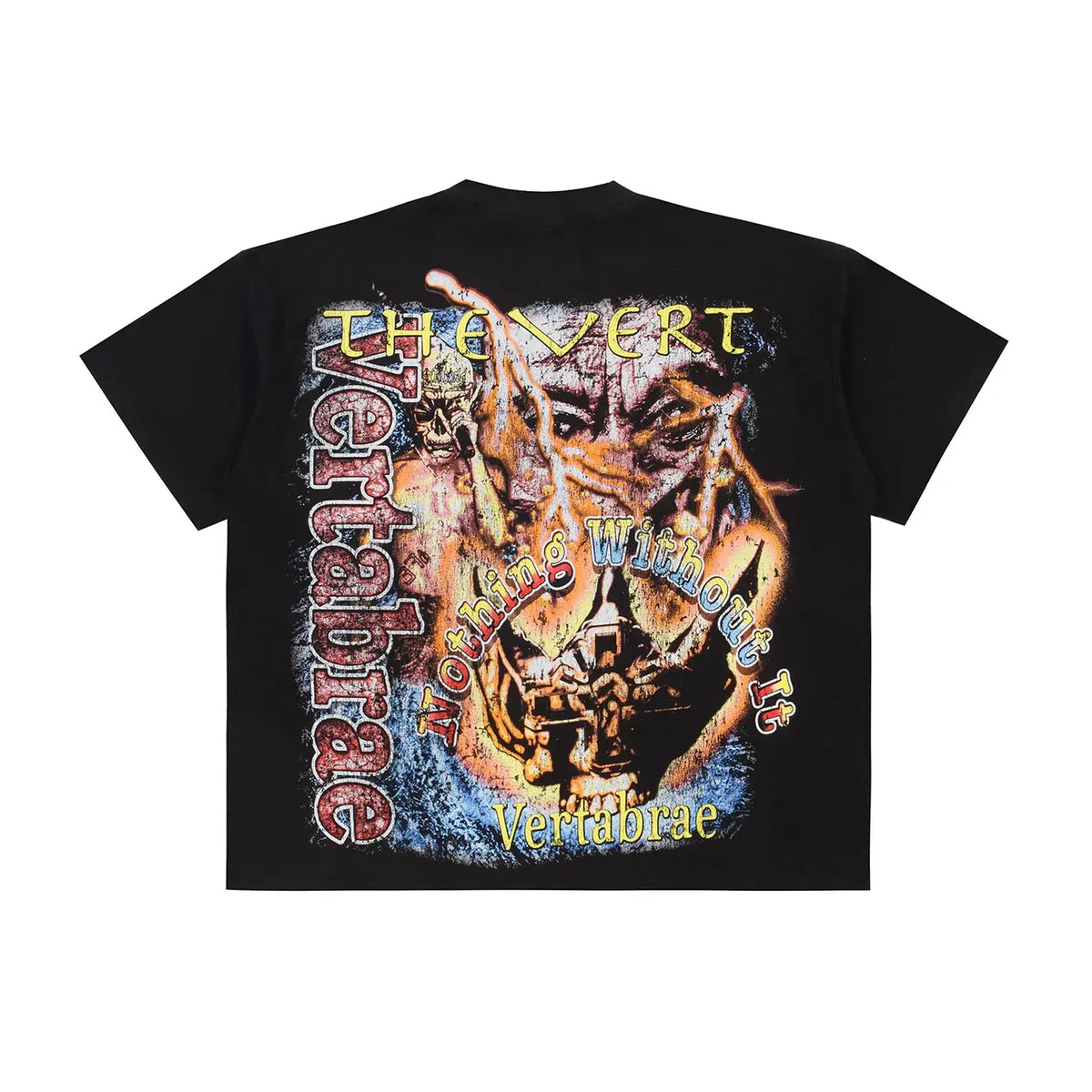 Black Vertabrae tee with a back graphic: skeletal figure, fire, and 'Vertabrae' text in yellow, orange, and blue.
