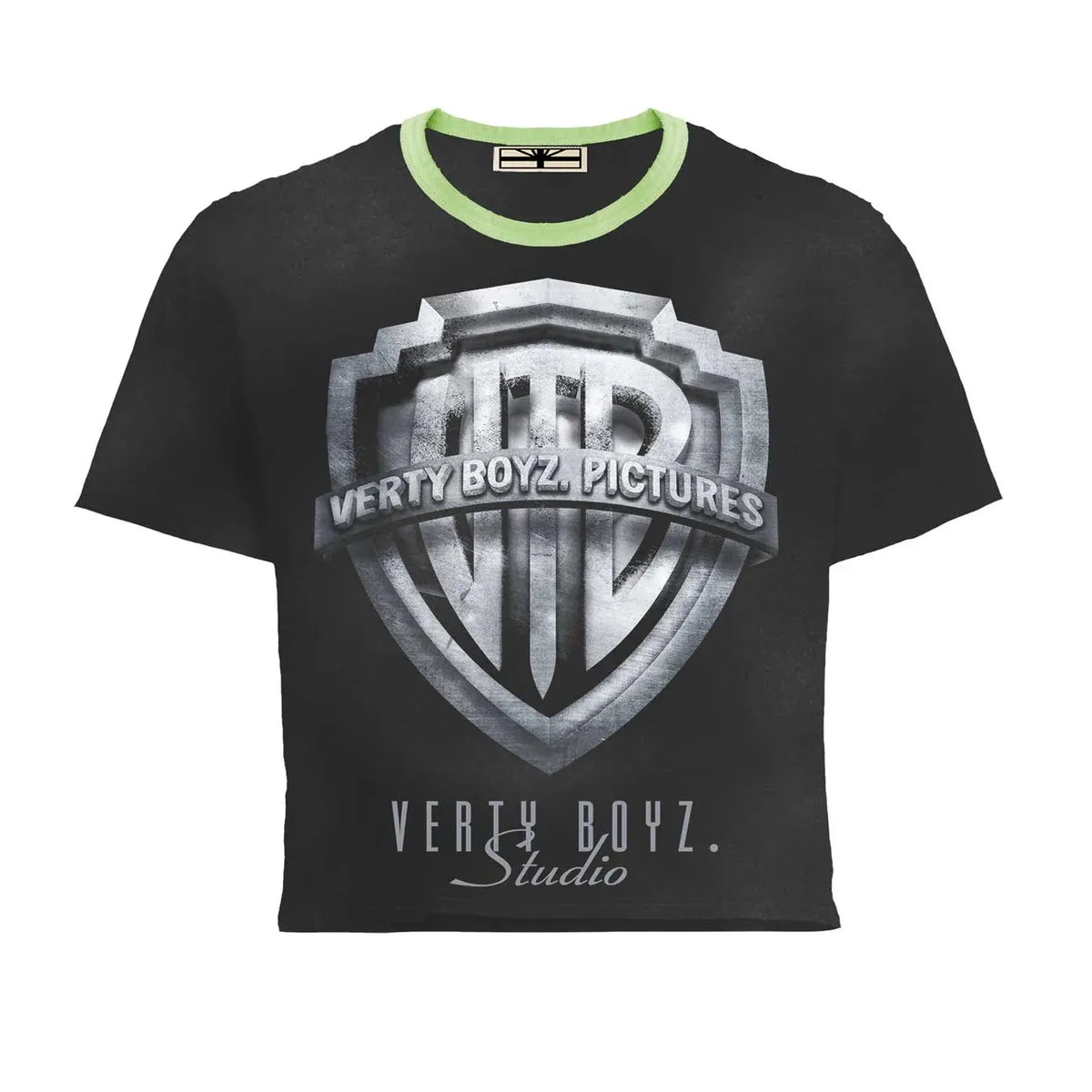 Black Vert Boyz Studio tee with lime green collar. Silver shield logo reads 'VERTY BOYZ. PICTURES', with 'VERTY BOYZ. Studio' below.