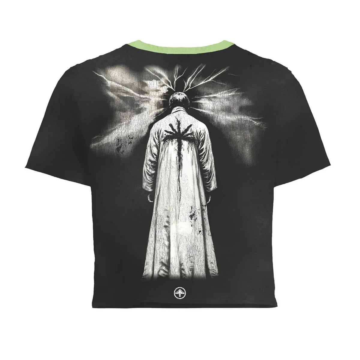 Black Vertabrae tee with lime green collar trim. Back graphic: A dark figure in a long coat with antlers and radiating white light.