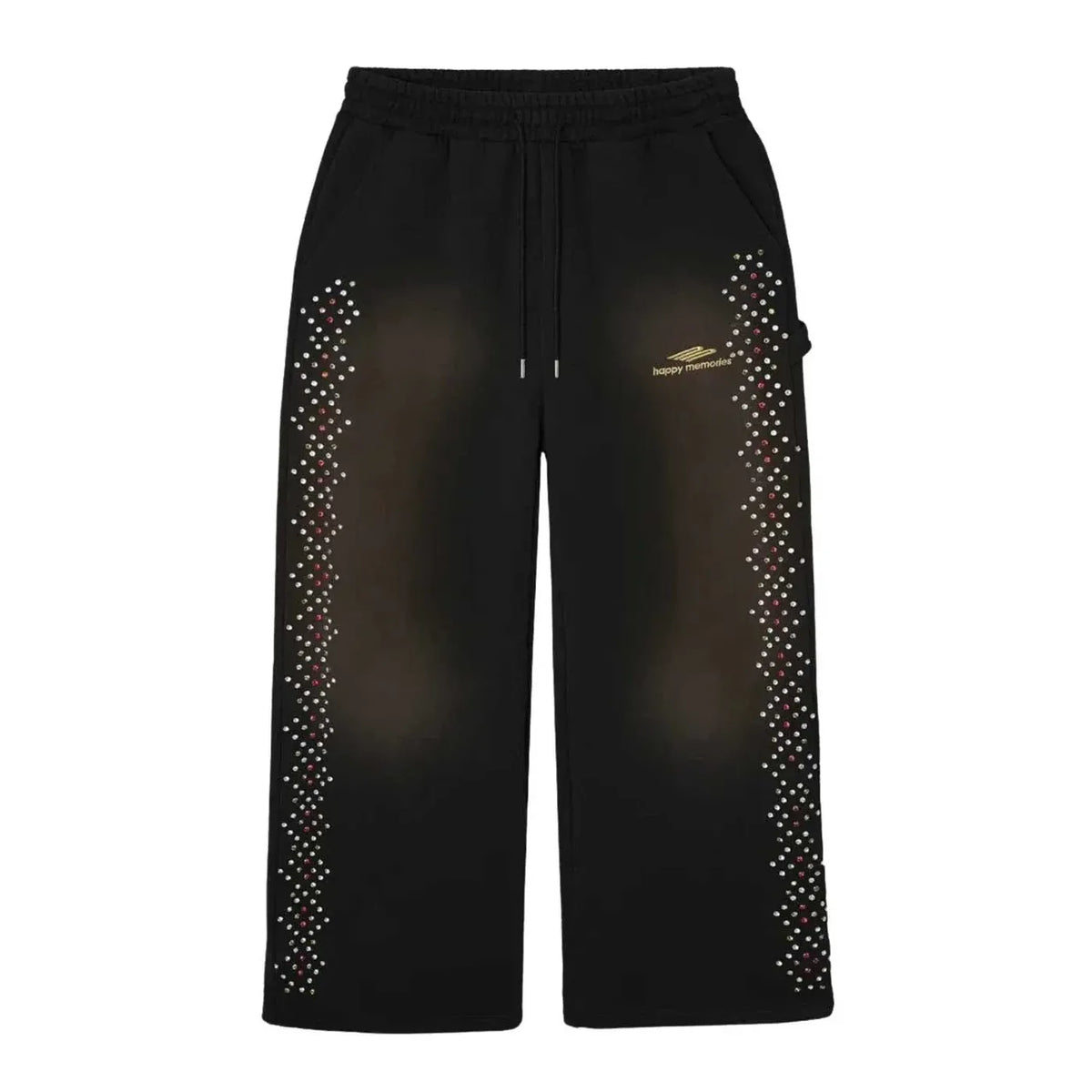 HMDD Washed Black Crystal Sweatpants. Red & clear crystal side stripes, gold 'happy memories' logo.