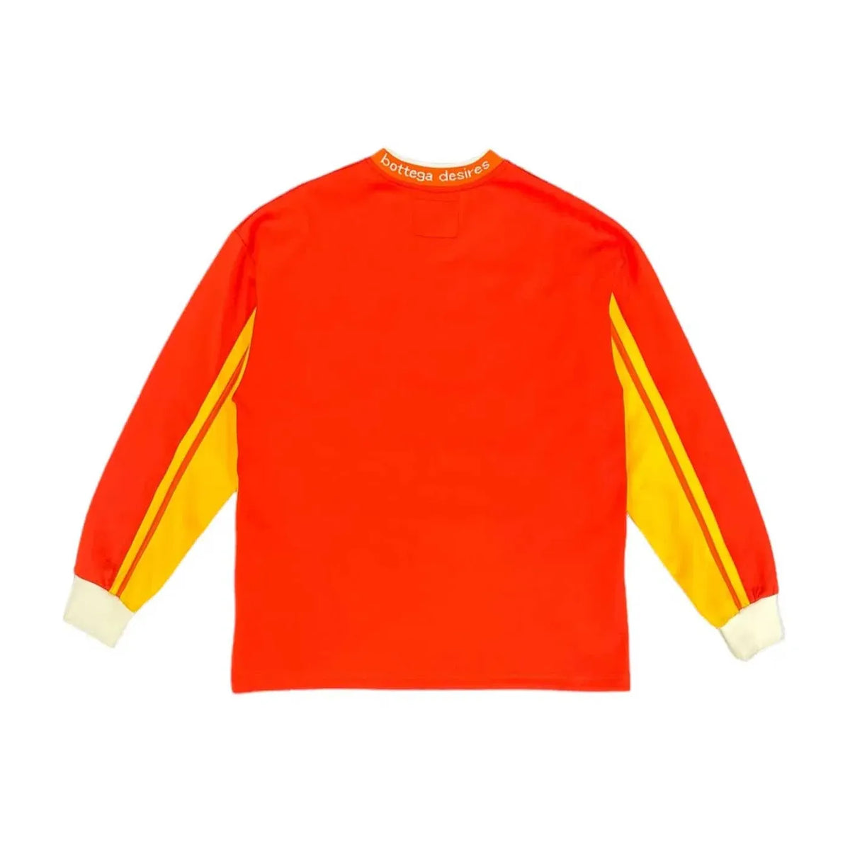Red Bottega Desires hockey jersey, round neck, "bottega desires" on collar, yellow sleeves with red stripes, white cuffs.
