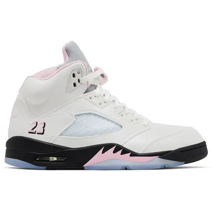 Air Jordan 5 Retro Soft Pink. White leather high-top sneaker with black midsole, pink shark teeth, "23" heel branding, & clear outsole.