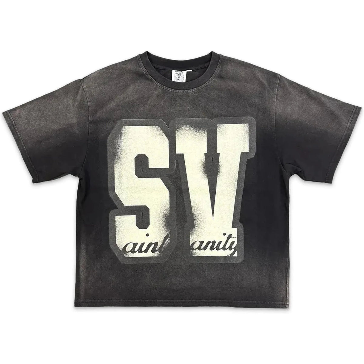Saint Vanity SV Tee: Washed black, large faded cream 'SV' graphic layered over 'Saint Vanity' text on chest.