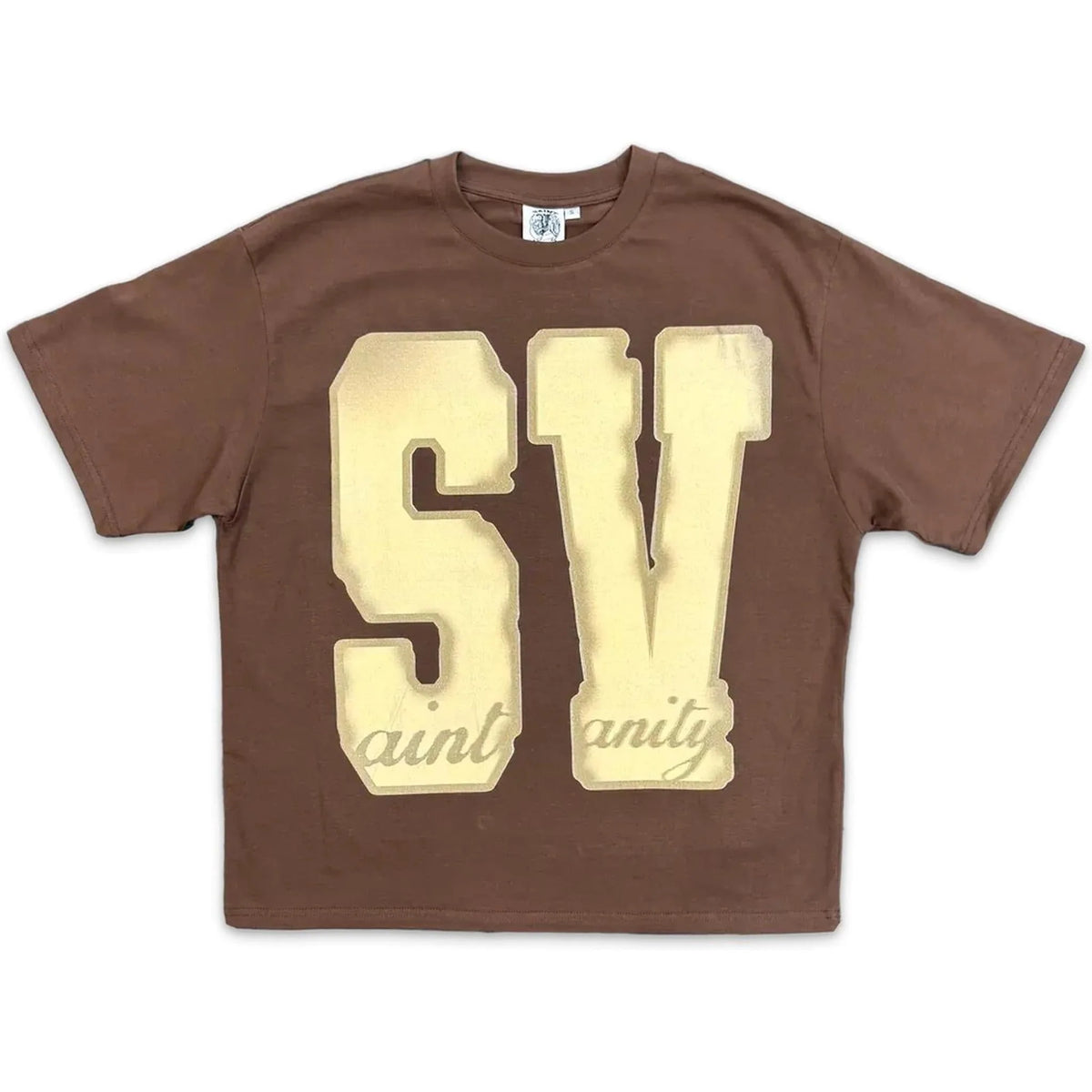 Brown Saint Vanity SV Tee featuring a large, distressed cream "SV" graphic with "aint anity" text below.