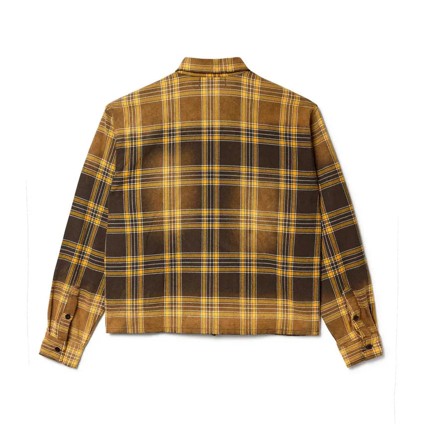 Vale Forever Chocolate Flannel shirt, back view. Brown, yellow, & black plaid pattern. Long sleeves with cuffs.