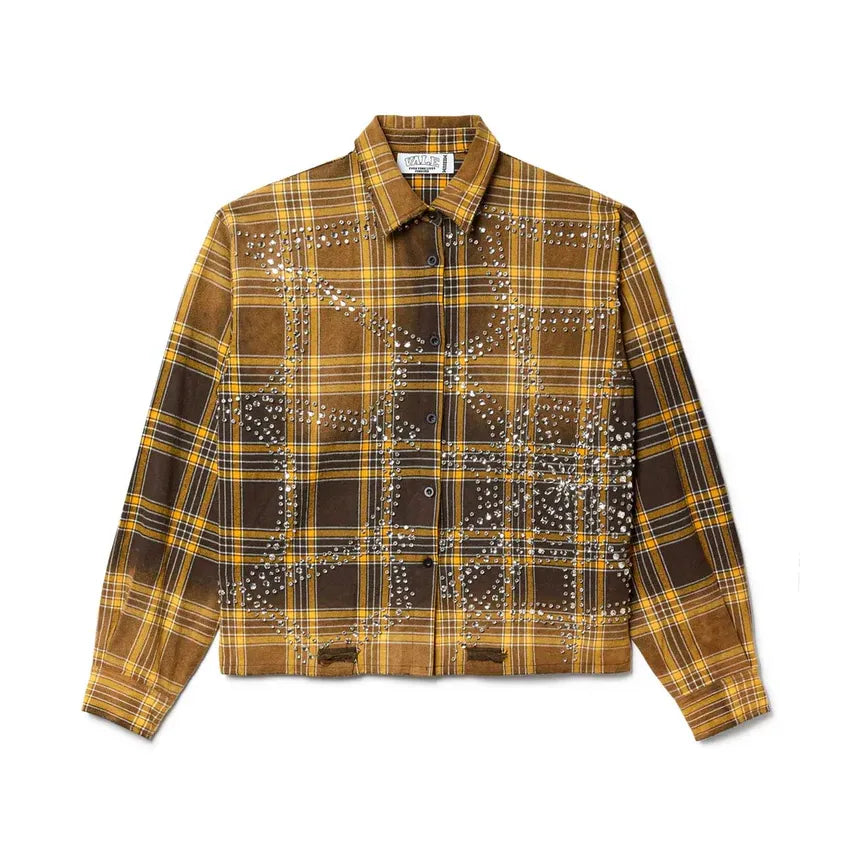 Vale Forever chocolate & yellow plaid flannel shirt, heavily studded with silver embellishments, distressed & frayed.