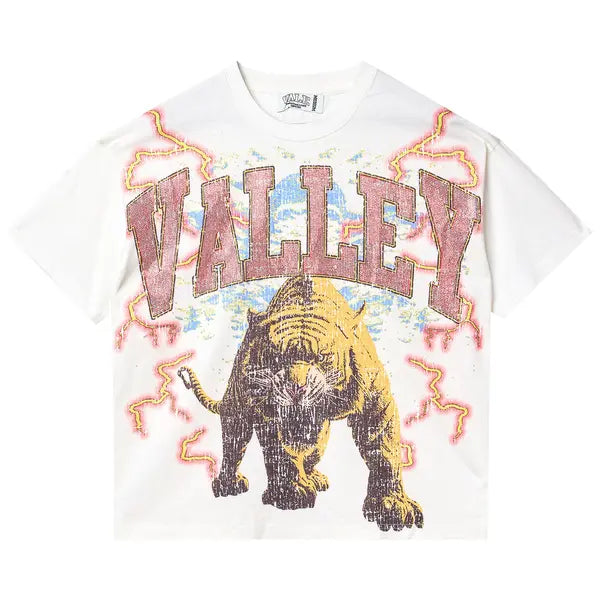 Vale Forever white tee with distressed red "VALLEY" text, crouching tiger, and yellow lightning graphic.