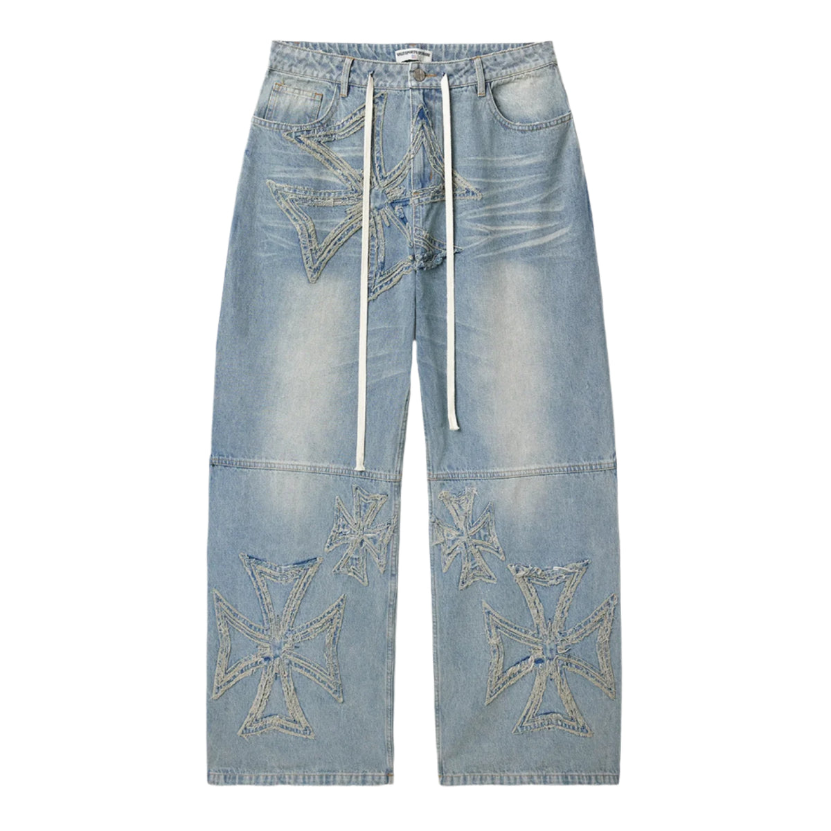 Vale Forever Croxxx Denim blue baggy jeans with large distressed star on left thigh, white drawstring, and iron cross patches on lower legs.
