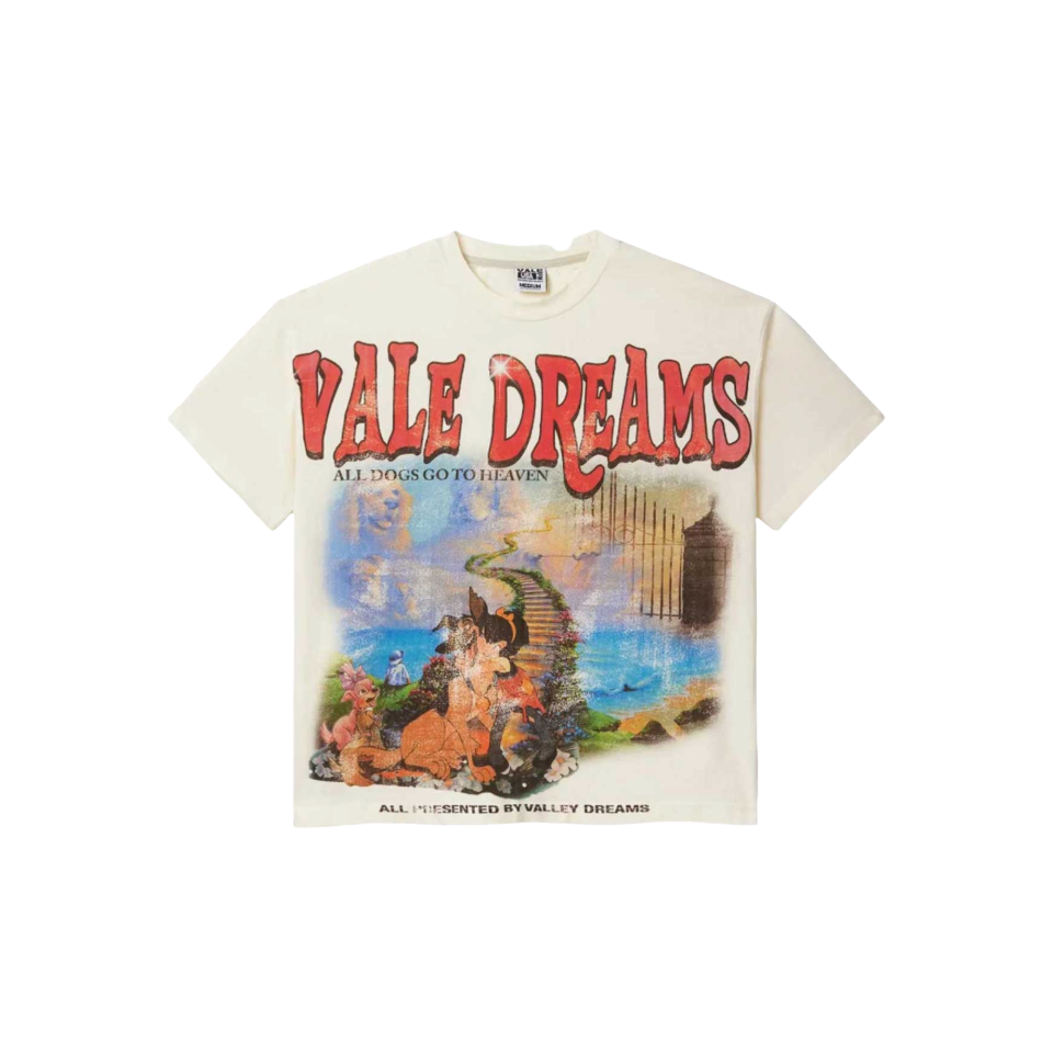 Cream Vale Forever "Heaven" tee. "VALE DREAMS" and "ALL DOGS GO TO HEAVEN" above dogs on a path to heaven's gate, by Valley Dreams.