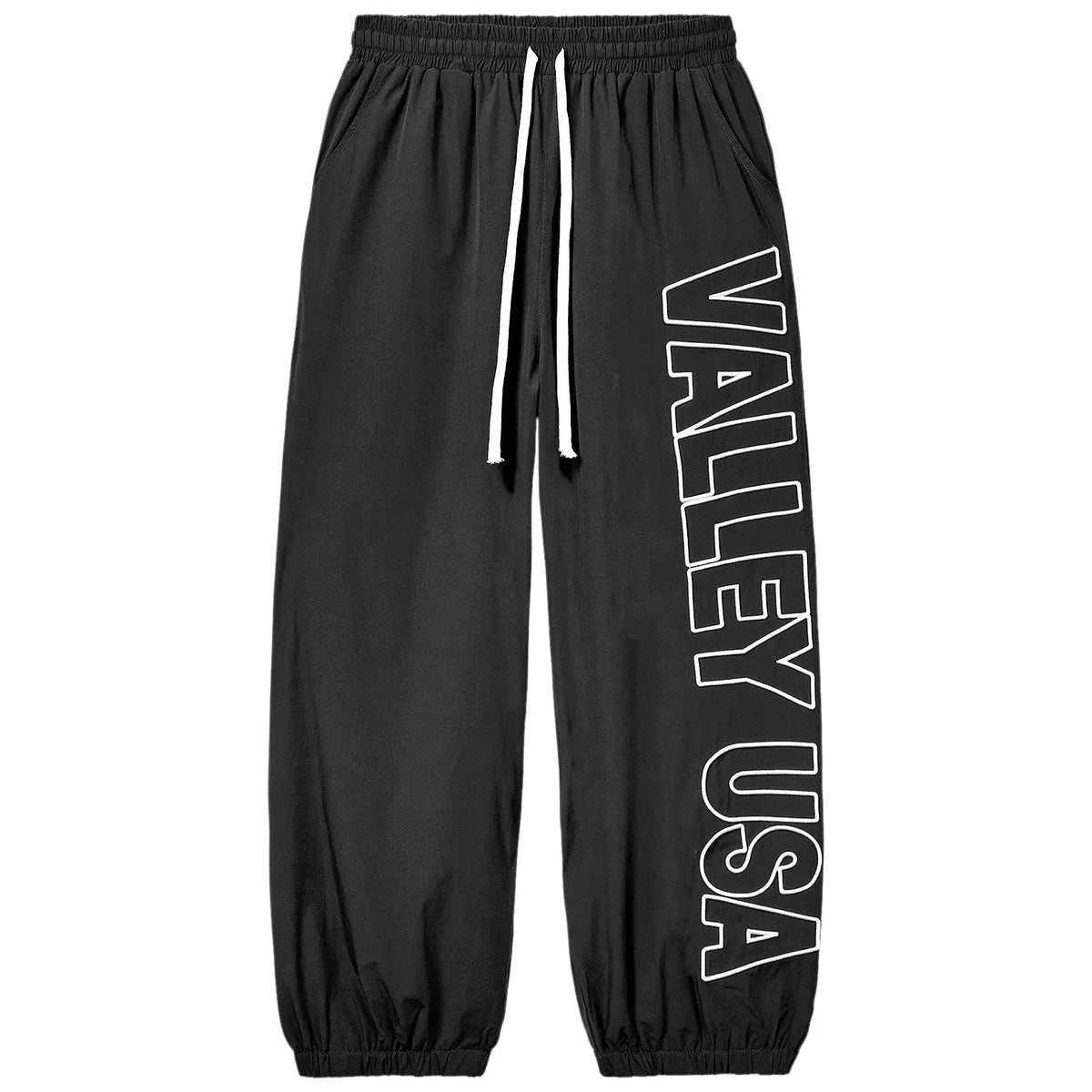 Black Swish Sweatpants with white drawstring, side pockets, elastic cuffs, and "VALLEY USA" in white outline on right leg.