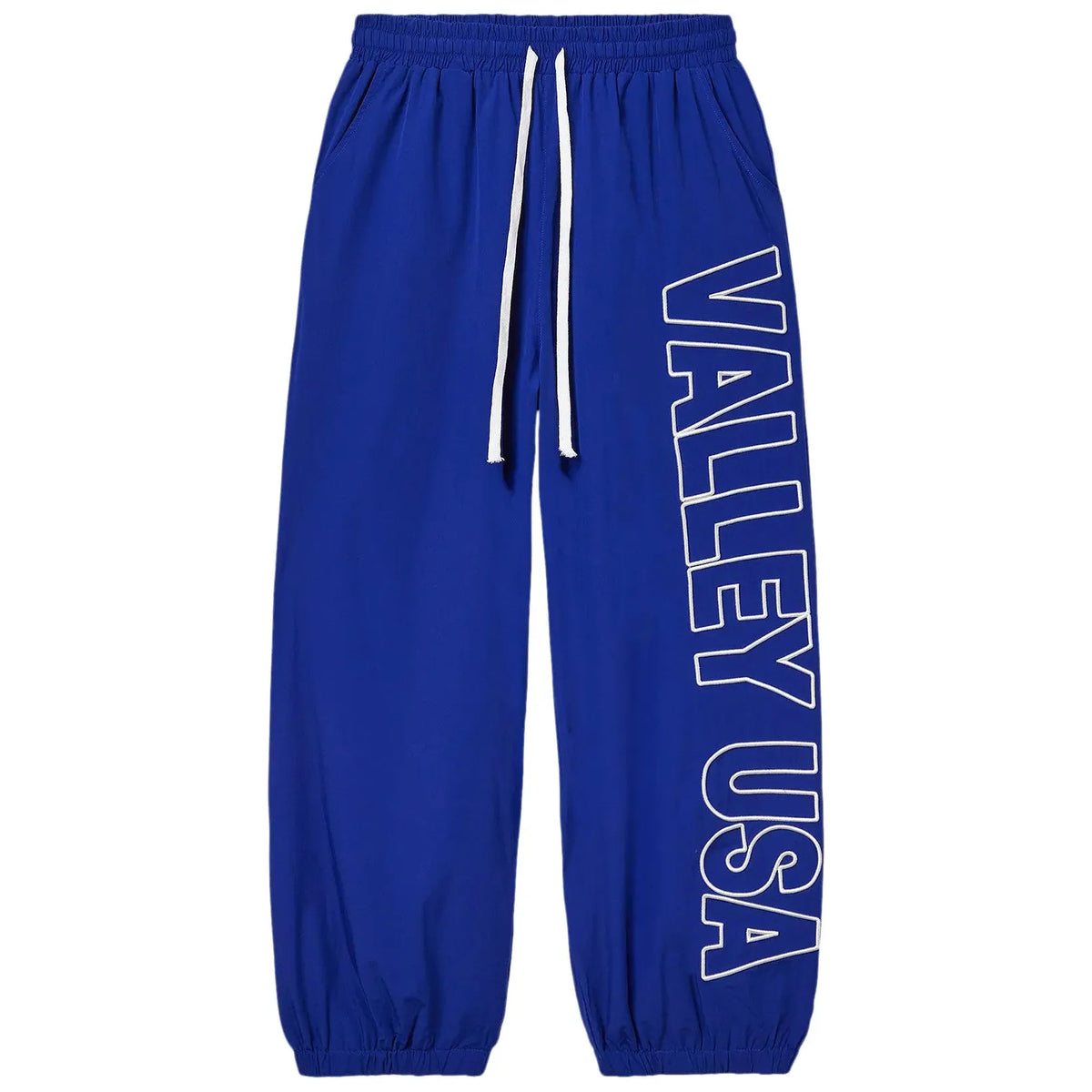 Blue swish sweatpants with elastic waist, white drawstring, side pockets, and "VALLEY USA" in white outline on the right leg.