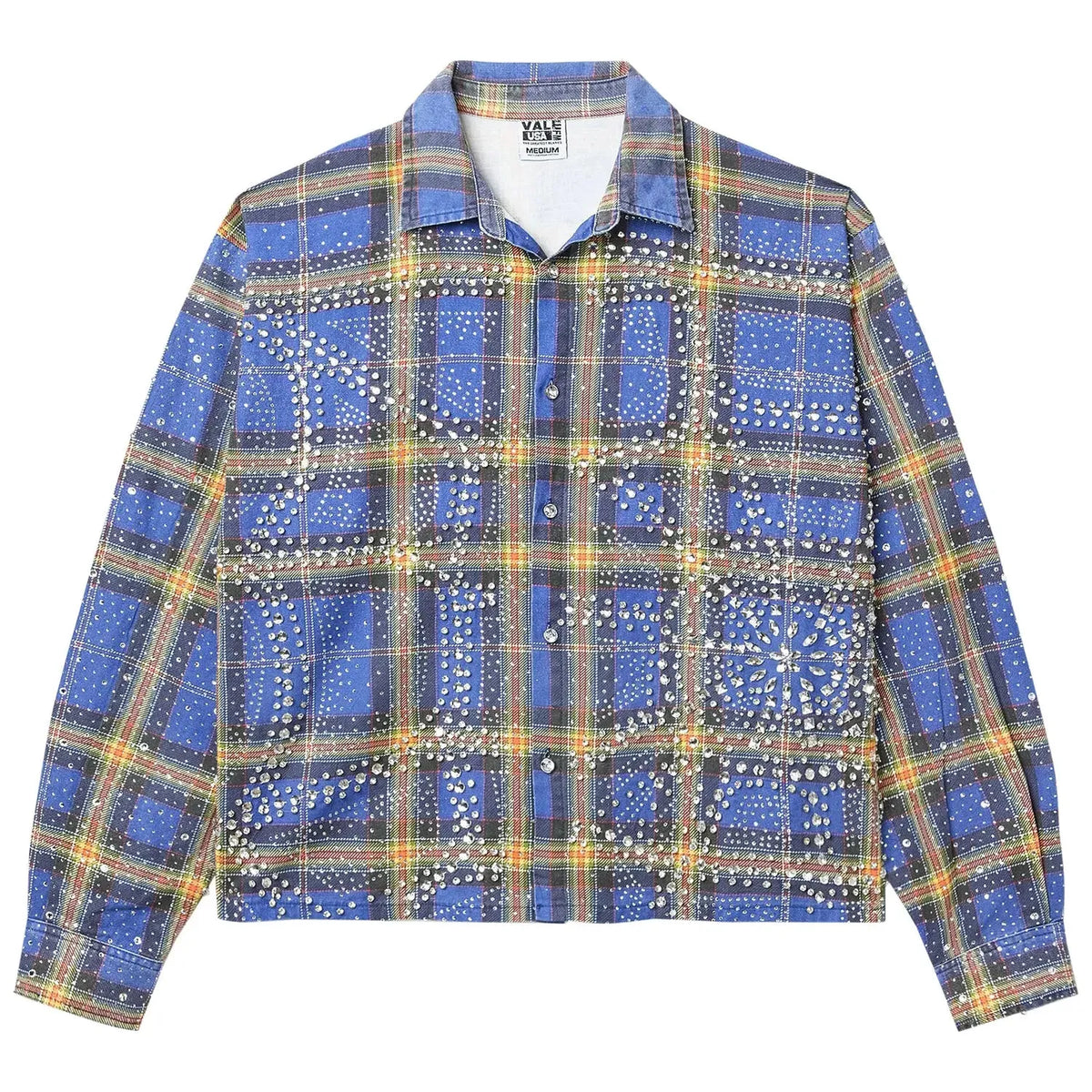 Vale Forever Watercrest Flannel: Blue, yellow, orange plaid shirt with rhinestone paisley patterns, denim collar.
