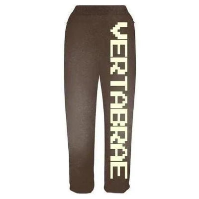 VERTABRAE C2 brown sweatpants with "VERTABRAE" in vertical cream pixel font down the right leg.