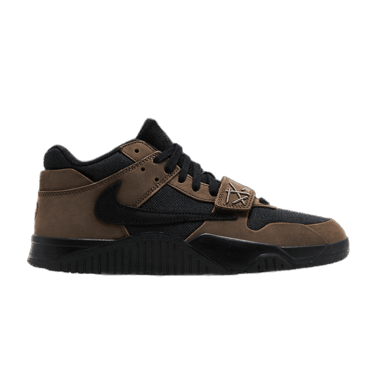 NIKE Jumpman Jack TR Dark Mocha sneaker. Brown suede & black mesh upper, black Swoosh, forefoot strap with metal 'TX' logo. Black sole.