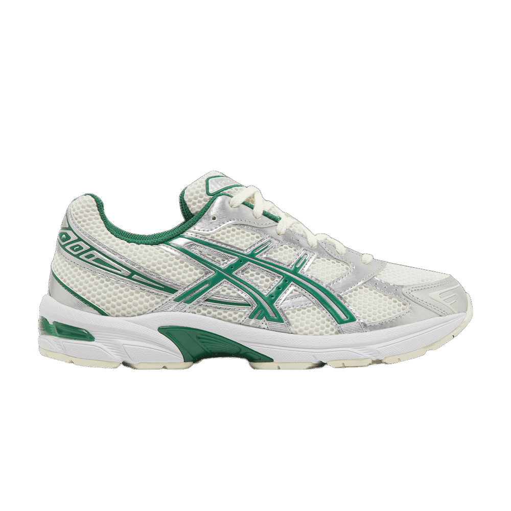 ASICS Gel-1130 Cream Kale sneaker with cream mesh, silver overlays, green ASICS stripes & accents, white sole.