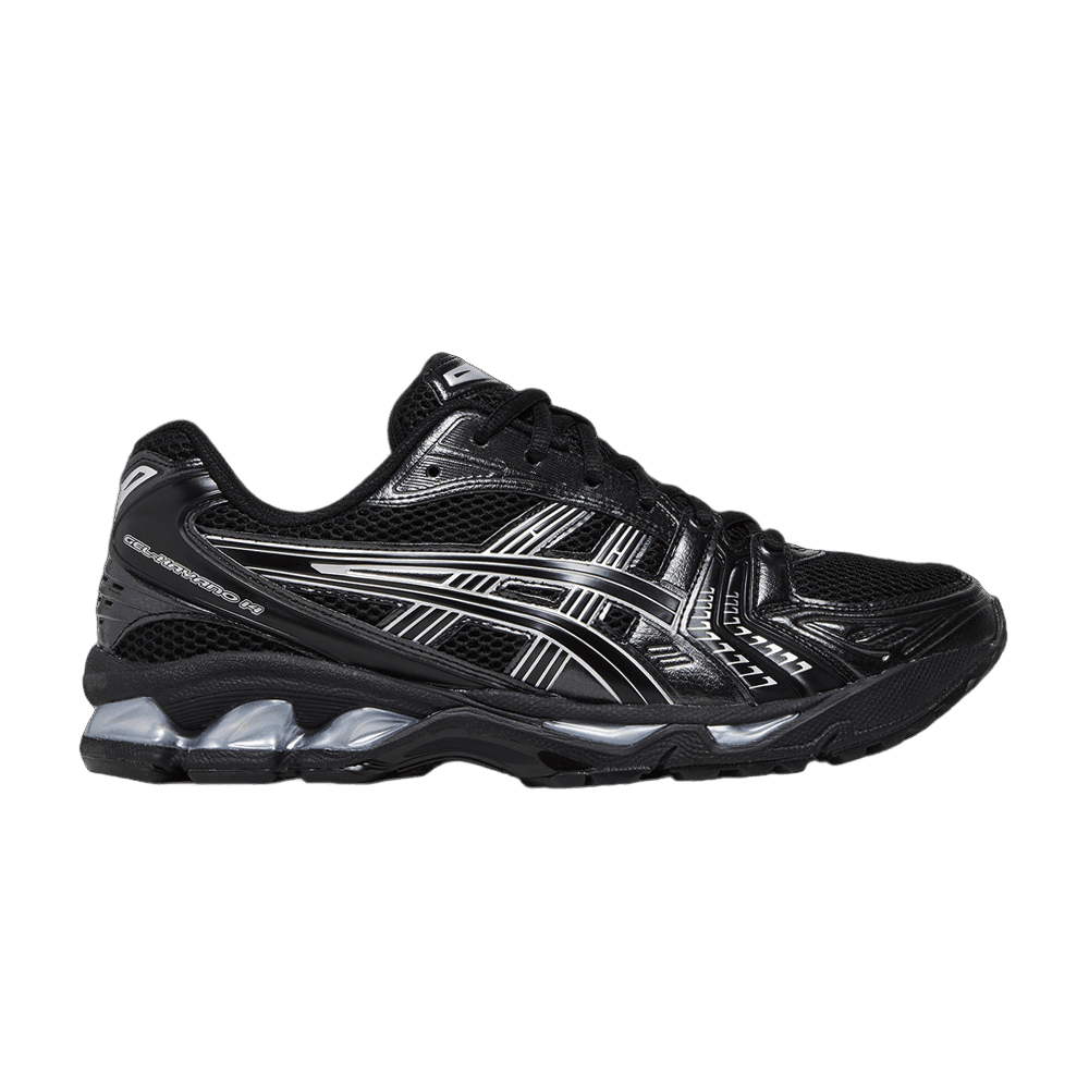 ASICS Gel-Kayano 14 black running shoe with pure silver stripes, mesh, and visible GEL cushioning in the sole.