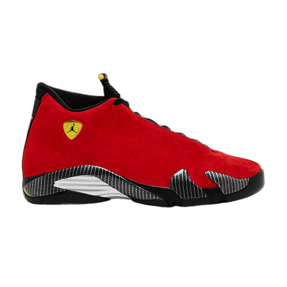 Air Jordan 14 Retro GS sneaker: Red suede upper, yellow Jumpman shield, black and carbon fiber patterned midsole.